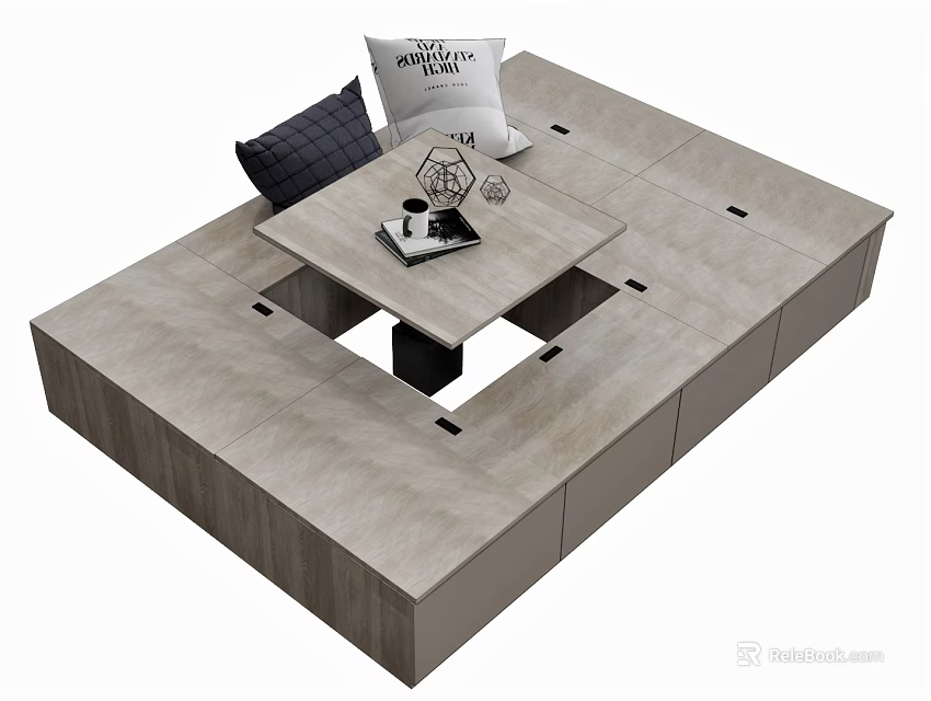 Modern Wooden Platform Design With Storage Cabinets Coffee Table And Pillows 3d model
