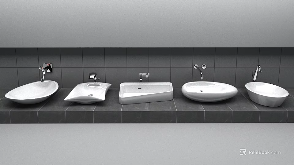 Multiple White Washbasins On Bathroom Countertop With Grey Tile Wall And Chrome Faucets 3d model 