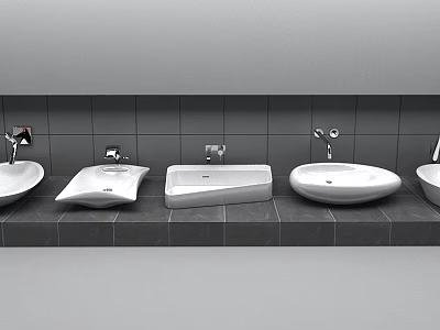 Multiple White Washbasins On Bathroom Countertop With Grey Tile Wall And Chrome Faucets 3d model