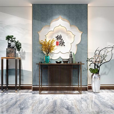 New Chinese-style Duan Jing Tai Porch Table Plant Accessories Sick Background Wall 3d model