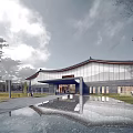 Modern Architectural Design With Curved Wooden Roof And Glass Walls In Snowy Landscape