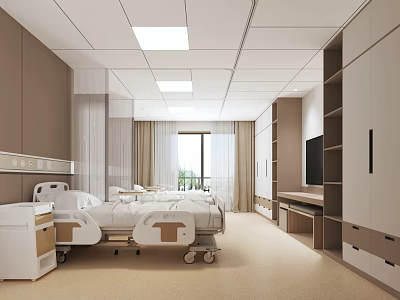 Modern Hospital Ward Interior With Two Medical Beds Cabinets TV Window Curtains And Clean Equipment 3d model