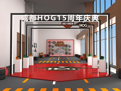 Red Floor Stage for Chengdu HOG 15th Anniversary Celebration with Arch Decorations 3d model