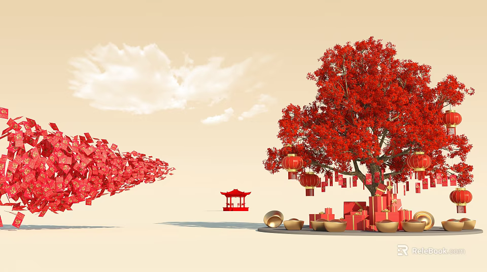 Red Tree With Hanging Lanterns And Golden Gift Boxes Near Pavilion Under Clouds 3d model 