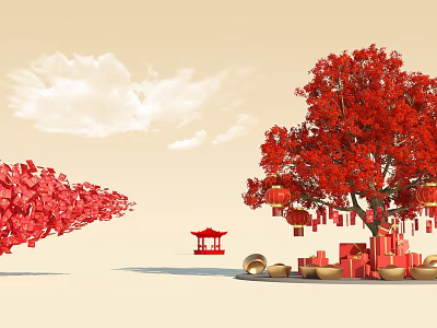 Red Tree With Hanging Lanterns And Golden Gift Boxes Near Pavilion Under Clouds 3d model