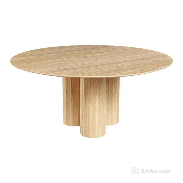 Round Wooden Dining Table With Light Oak Surface And Three Column Legs 3d model 