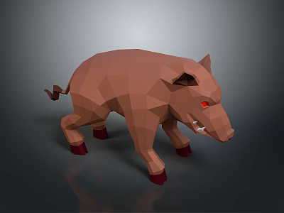 Low Poly Brown Wild Boar Model With Red Eyes Sharp Tusks Dark Background 3d model