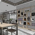 Modern Cafe Interior With Wooden Shelves Metal Tables Hanging Lights And Geometric Floor Tiles