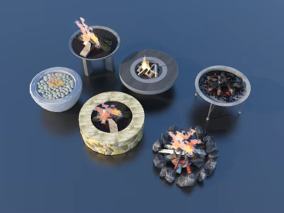 Household Fire Pits With Various Designs Shapes Flames And Charcoal 3d model