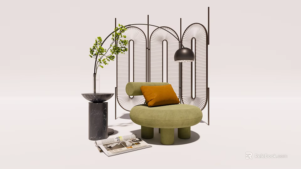 Green Single Sofa With Orange Cushion Black Pendant Lamp Side Table And Geometric Screen 3d model 