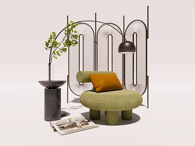 Green Single Sofa With Orange Cushion Black Pendant Lamp Side Table And Geometric Screen 3d model