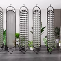 Modern Room Dividers With Various Metal Artistic Patterns And Green Plant Decorations