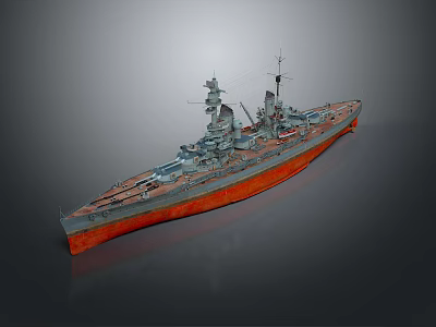 Realistic Battleship Structure With Gray Superstructure Red Hull Turrets Masts And Isolated Gray Background 3d model