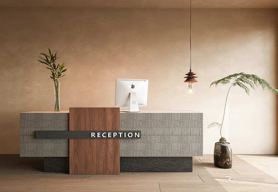 Modern Reception Area Design With Wooden Gray Textured Desk Potted Plants Hanging Lamp And Computer 3d model 