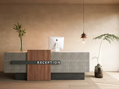 Modern Reception Area Design With Wooden Gray Textured Desk Potted Plants Hanging Lamp And Computer 3d model