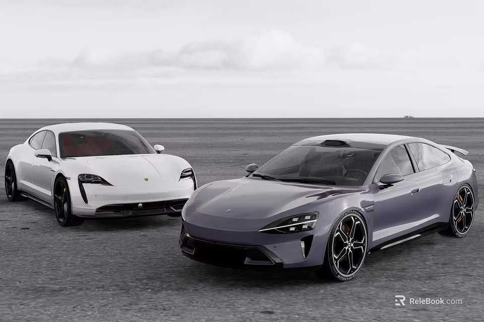 Two Sleek Modern Electric Cars In White And Gray On Empty Coastal Road 3d model 