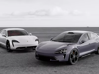 Two Sleek Modern Electric Cars In White And Gray On Empty Coastal Road 3d model