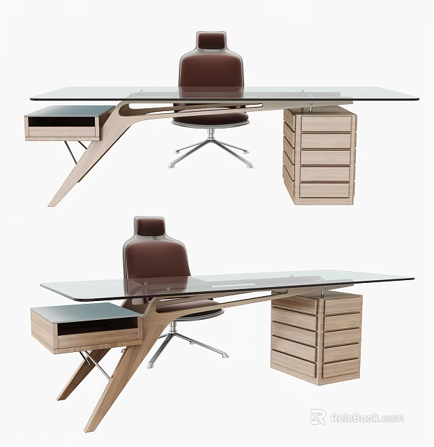 Modern Office Desk With Glass Top Metal Legs Wooden Drawers And Brown Chair 3d model 
