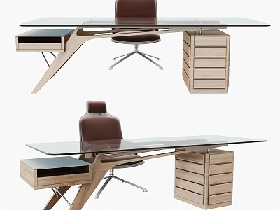 Modern Office Desk With Glass Top Metal Legs Wooden Drawers And Brown Chair 3d model