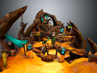 Fantasy Cave Scene with Rock Formations Blue Glowing Lights Green Fabric Ladders and Wooden Barrels 3d model