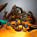 Fantasy Cave Scene with Rock Formations Blue Glowing Lights Green Fabric Ladders and Wooden Barrels