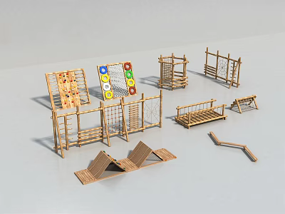 Wooden Playground Equipment Featuring Climbing Frames Balance Beams Slides and Rope Ladders 3d model