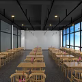 Modern Restaurant Interior Design With Wooden Tables Chairs Pendant Lights And Large Windows