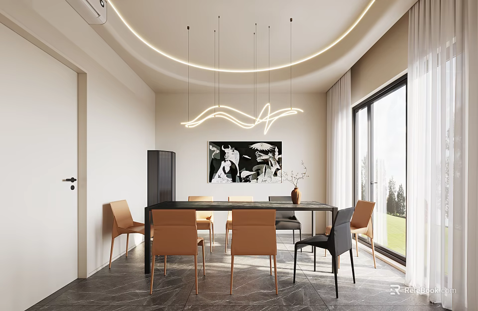 Modern Dining Room Interior With Wooden Table Leather Chairs Pendant Lights Artwork And Large Windows 3d model 