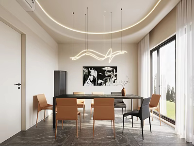Modern Dining Room Interior With Wooden Table Leather Chairs Pendant Lights Artwork And Large Windows 3d model