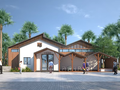 Single Story Community Building With White Walls Wooden Roof Palm Trees And People Activity 3d model