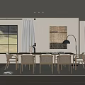 Modern Restaurant Interior With Wooden Dining Table Comfortable Chairs Large Windows And Decorative Painting