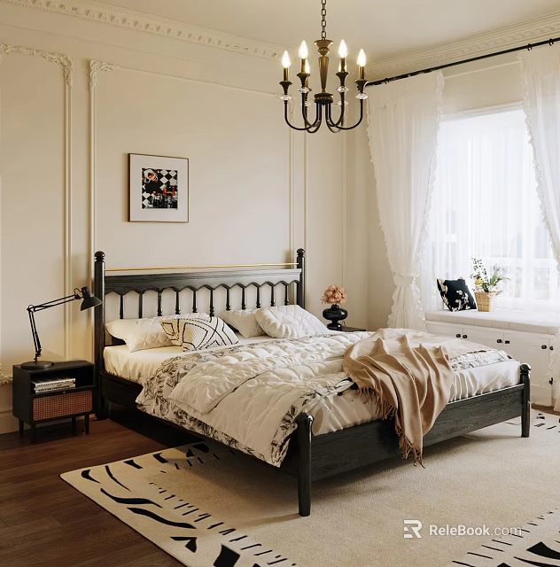 Cozy Bedroom Interior Design With Black Bed Frame Beige Walls White Curtains And Chandelier 3d model 