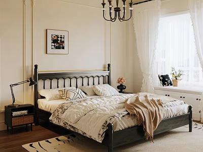 Cozy Bedroom Interior Design With Black Bed Frame Beige Walls White Curtains And Chandelier 3d model