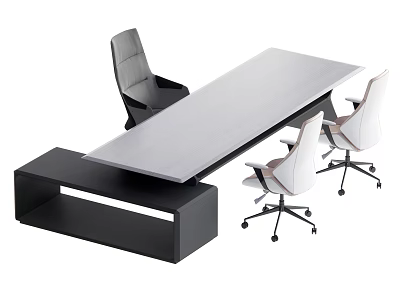 Modern Office Desk With Light Colored Top Black Storage Cabinet And Office Chairs 3d model