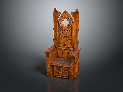 Intricately Carved Wooden Chair With Gothic Style Arch Design And Armrests 3d model