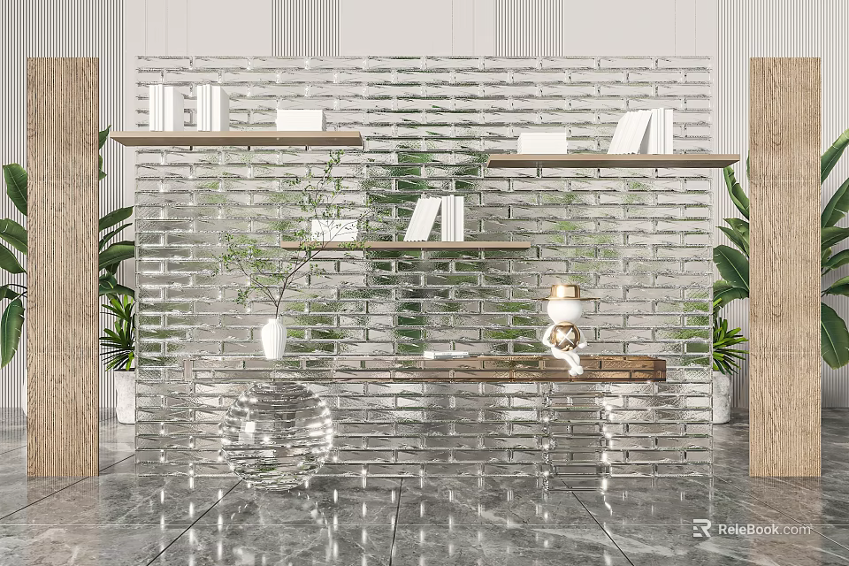 Modern Glass Partition Design With Wooden Shelves And Green Plants 3d model 