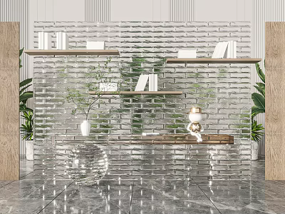 Modern Glass Partition Design With Wooden Shelves And Green Plants 3d model