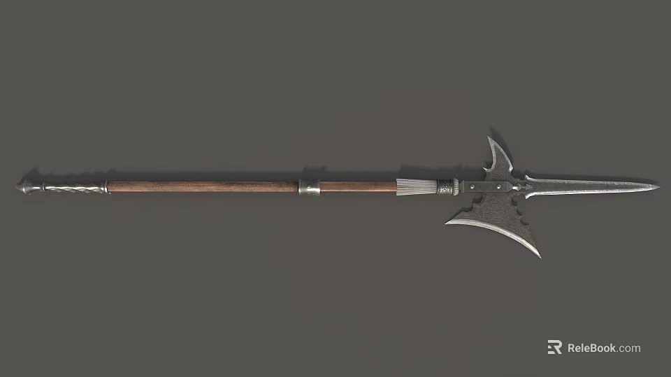 Medieval Long Shaft Weapon with Wooden Handle and Ornate Metal Spearhead Design 3d model 