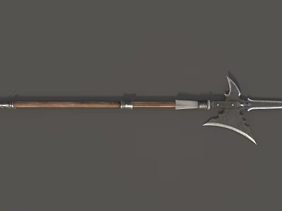 Medieval Long Shaft Weapon with Wooden Handle and Ornate Metal Spearhead Design 3d model