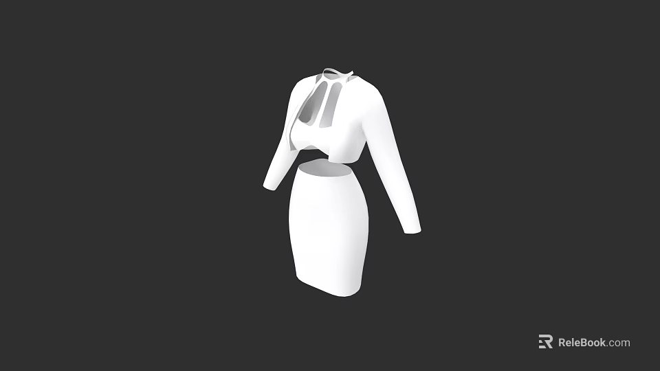 White Long Sleeve Dress With Front Cutout Design And Fitted Silhouette 3d model 