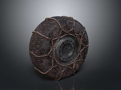 Heavy Duty Car Tire Equipped With Snow Chains For Winter Driving Safety 3d model