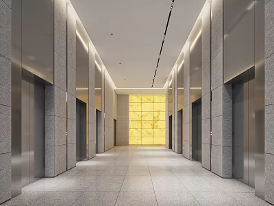 Modern Elevator Lobby With Gray Marble Walls Elevator Doors And Yellow Accent Wall 3d model