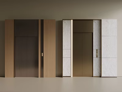 Modern Elevator Design With Dark And Gold Metal Doors Wooden Frames And Stone Panels 3d model