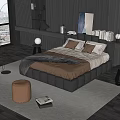 Double Bed With Black Headboard Brown Bedding Floor To Ceiling Window And City View Rug
