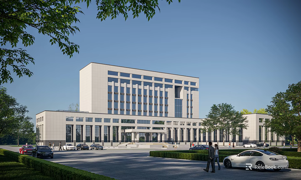 Modern Office Building Exterior With White Facade Large Windows Greenery Trees Parking Cars And Pedestrians 3d model 
