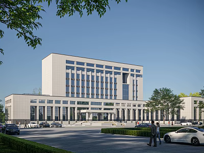 Modern Office Building Exterior With White Facade Large Windows Greenery Trees Parking Cars And Pedestrians 3d model