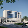 Modern Office Building Exterior With White Facade Large Windows Greenery Trees Parking Cars And Pedestrians
