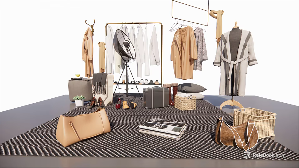 Clothes Rack With Hanging Clothes Fan Shoes Bags Baskets And Books 3d model 