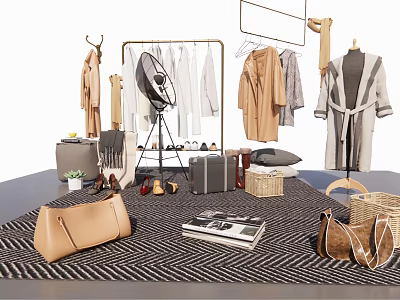 Clothes Rack With Hanging Clothes Fan Shoes Bags Baskets And Books 3d model