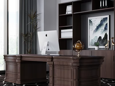 Dark Wooden Executive Office Desk With iMac Globe Bookshelf Potted Plant And Chinese Landscape Painting 3d model